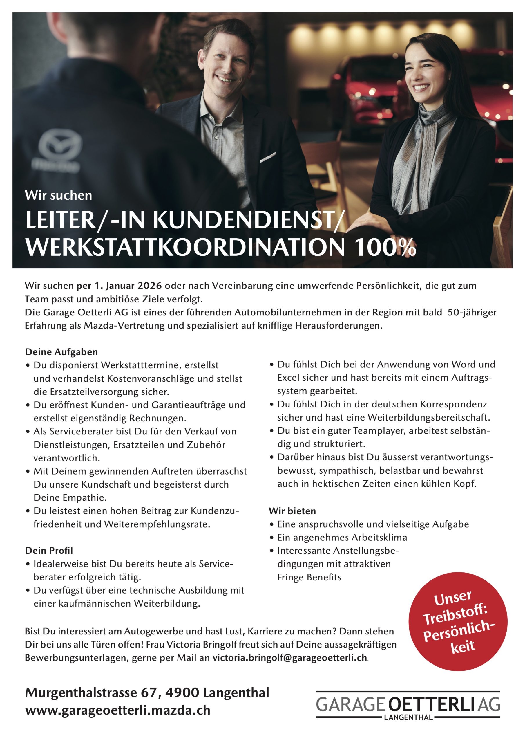 Stelleninserat Kundendienst/Werkstattkoordination